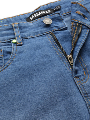 Women Blue Front Zipper Stretch Straight Jeans