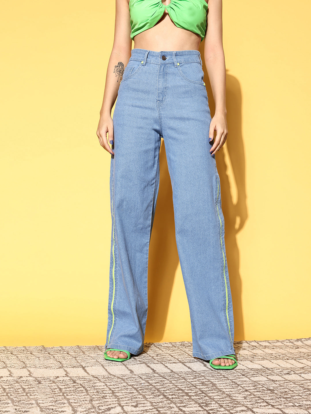 Buy Ice Blue Side Zipper Stretch Straight Jeans Online At Best