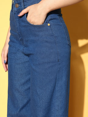 Women Blue Hem Pocket Stretch Straight Jeans