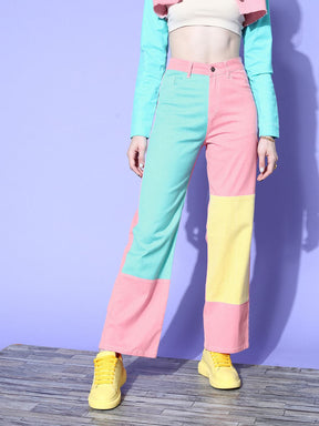 Pink Color Block Straight Twill Jeans-SASSAFRAS