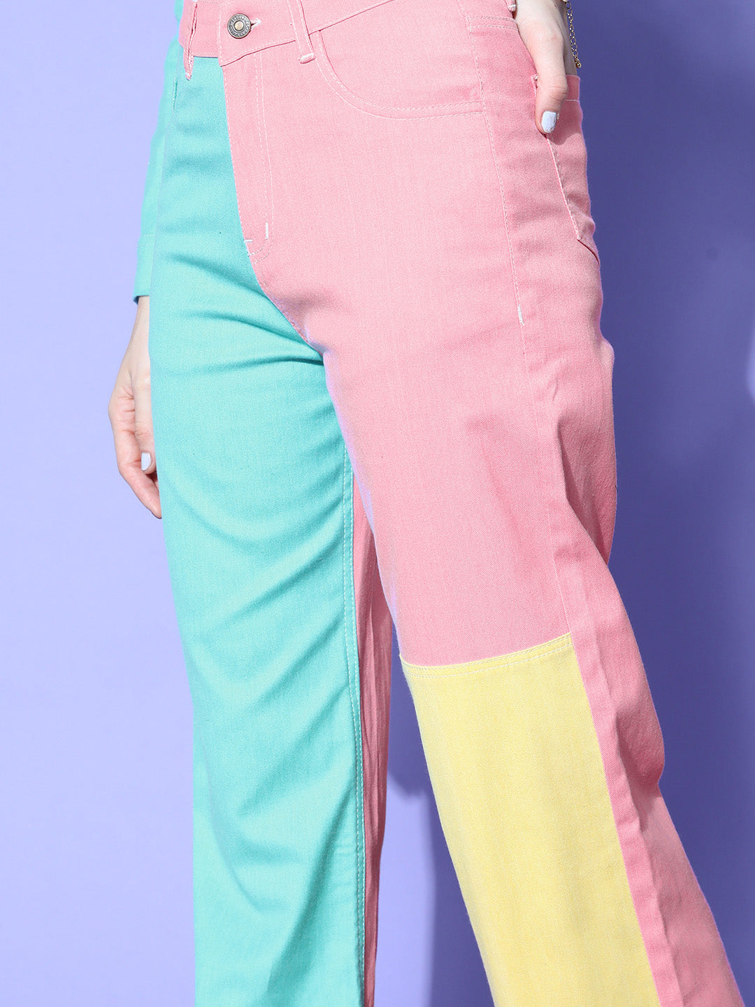 Women Pink Color Block Straight Twill Jeans