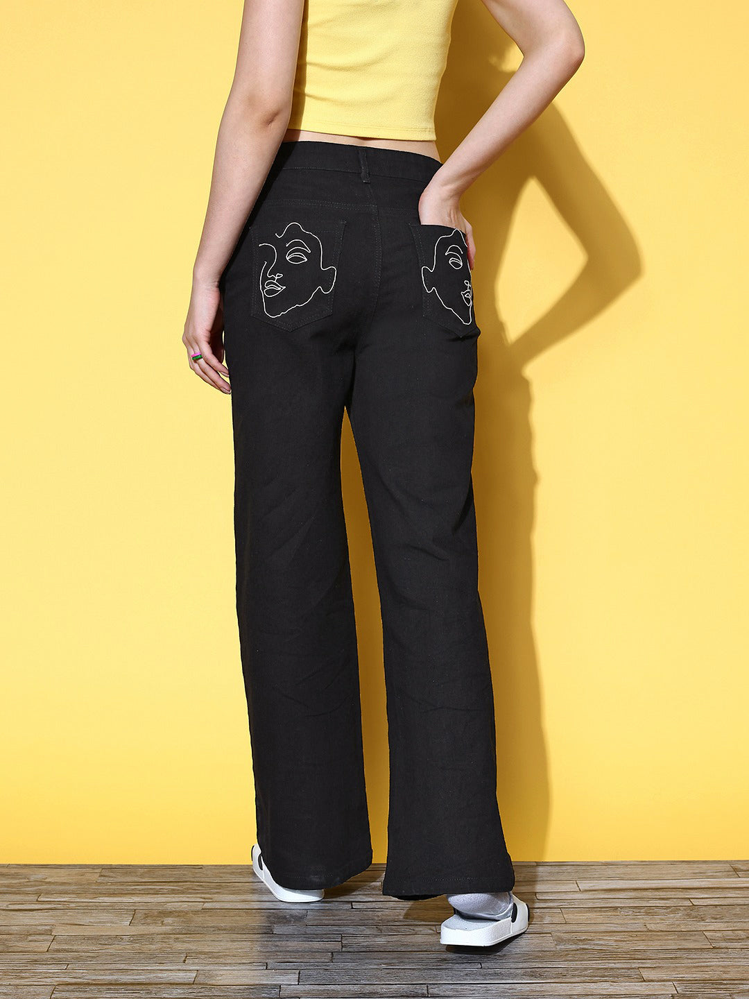 Buy Women Black Embroidered Pocket Bell Bottom Jeans Online at