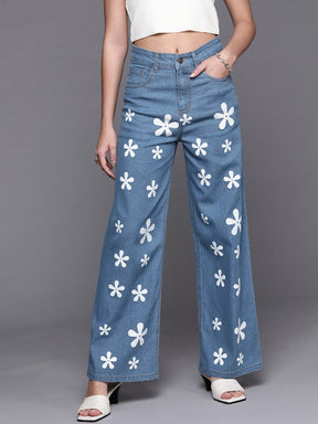 Blue Floral Print Straight Jeans-SASSAFRAS