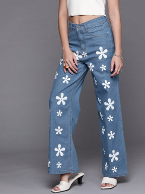 Women Blue Floral Print Straight Jeans
