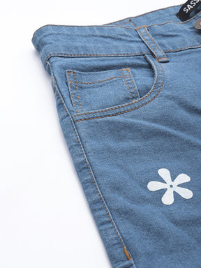 Women Blue Floral Print Straight Jeans