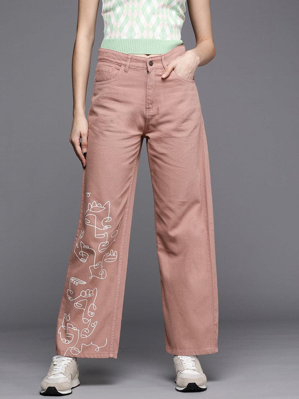 Buy Women Peach Line Art Print Straight Jeans Online at Sassafras