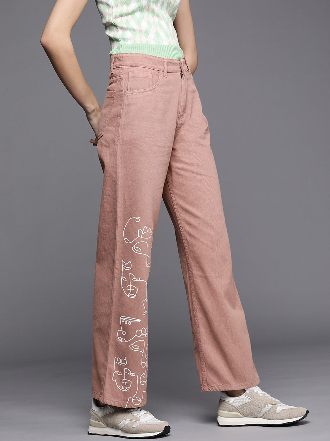 Women Peach Line Art Print Straight Jeans