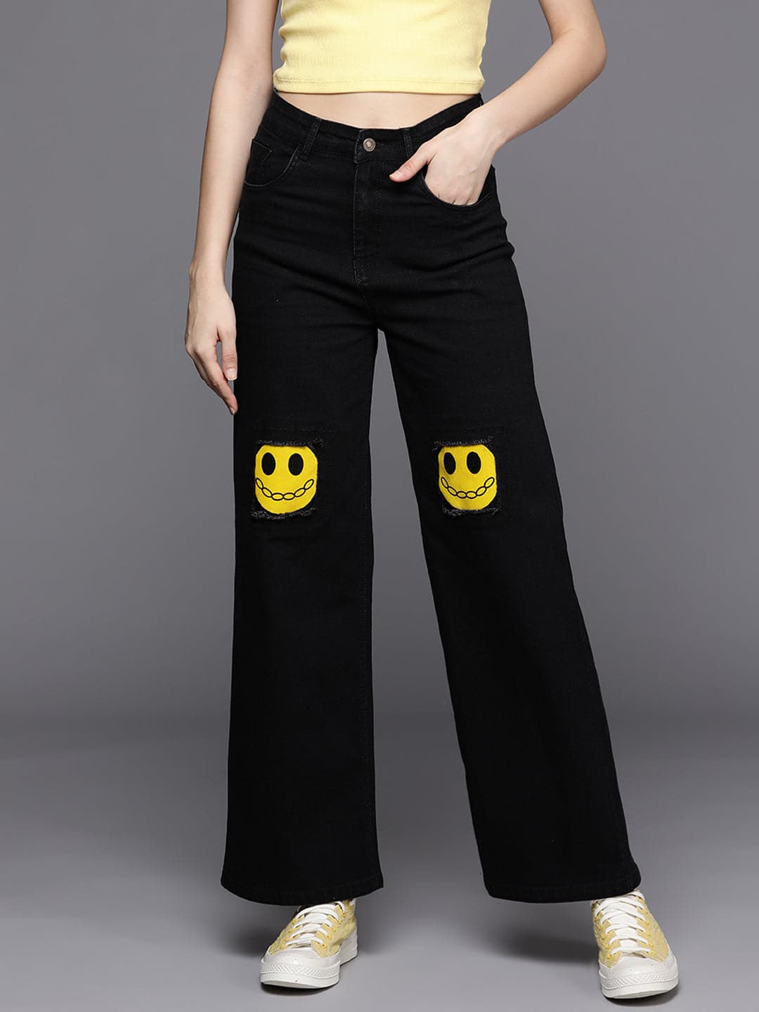 Black Smiley Print Straight Jeans-SASSAFRAS
