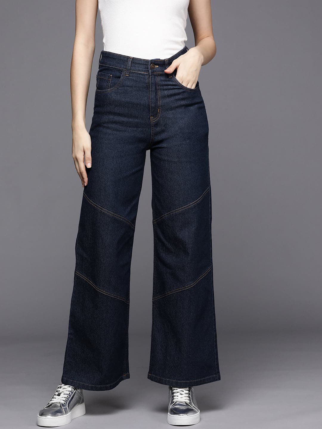 Blue Contrast Stitch Detail Straight Jeans-SASSAFRAS