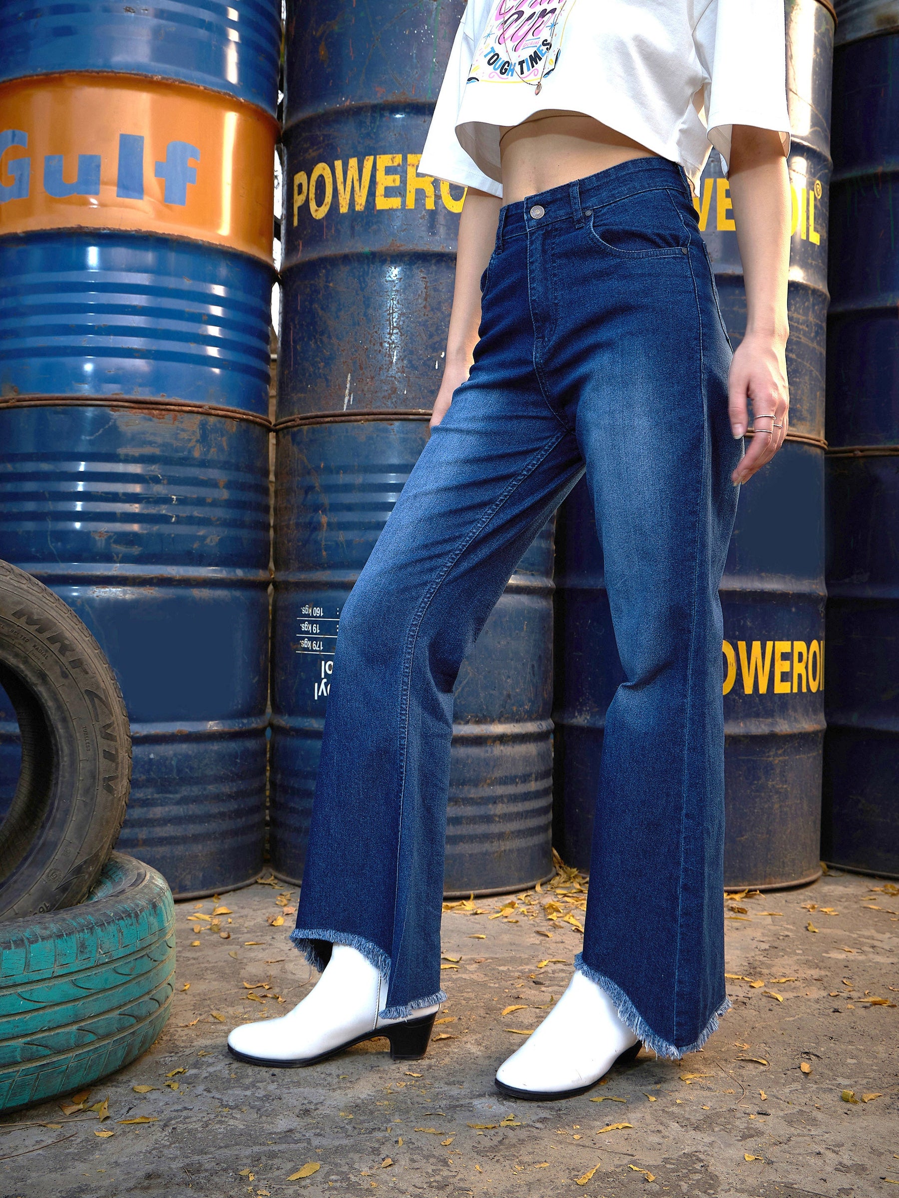 Women Navy Raw Hem Bell Bottom Jeans