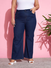 Navy Wash Denim Bell Bottom Jeans-SASSAFRAS Curve