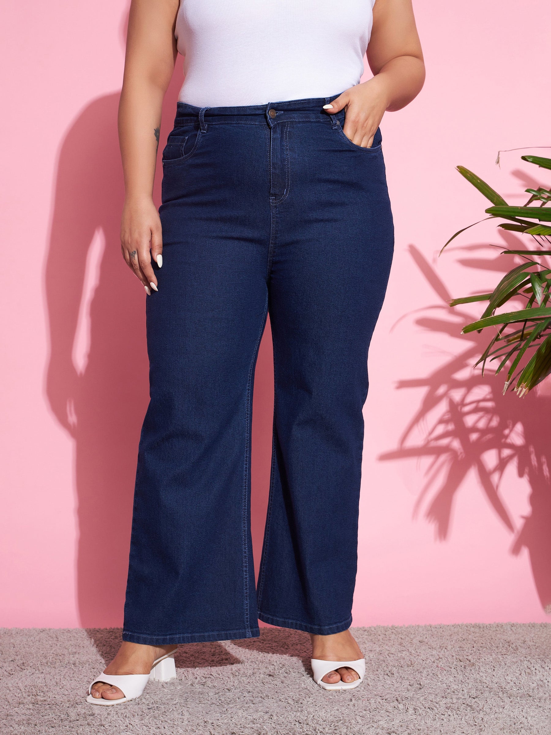 Women Navy Wash Denim Bell Bottom Jeans - Main Image