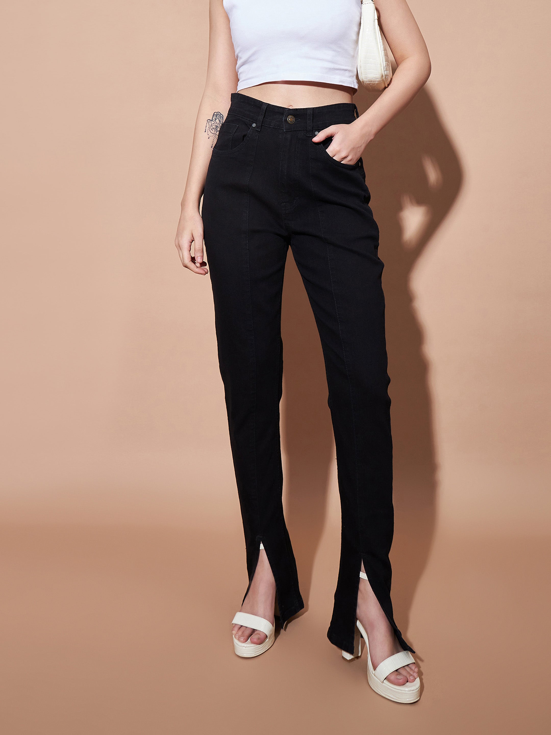 Buy Women Black Mid Rise Skinny Fit Slit Jeans Online at Best Price ...