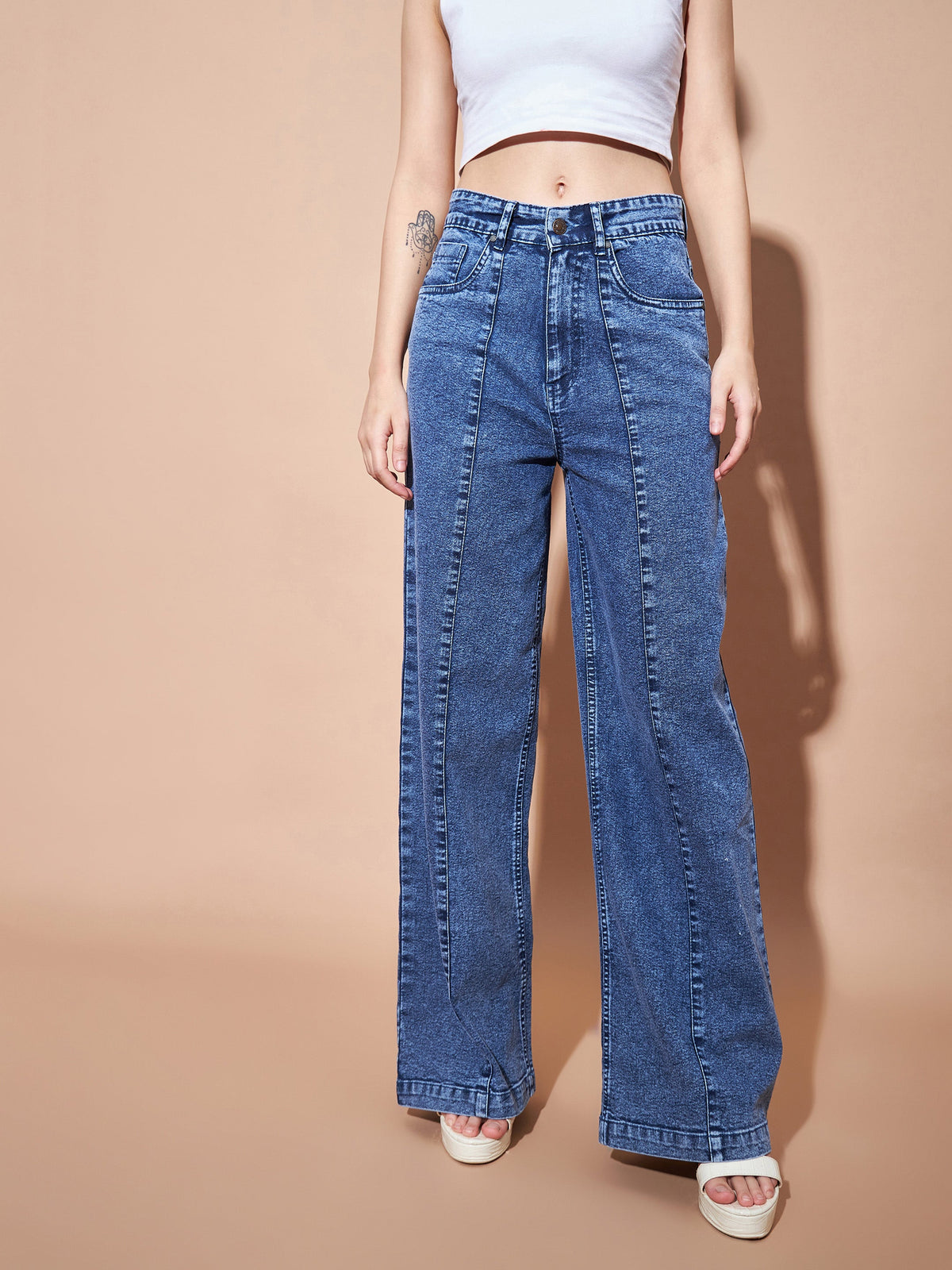 Blue High Waist Seam Detail Straight Jeans-SASSAFRAS BASICS