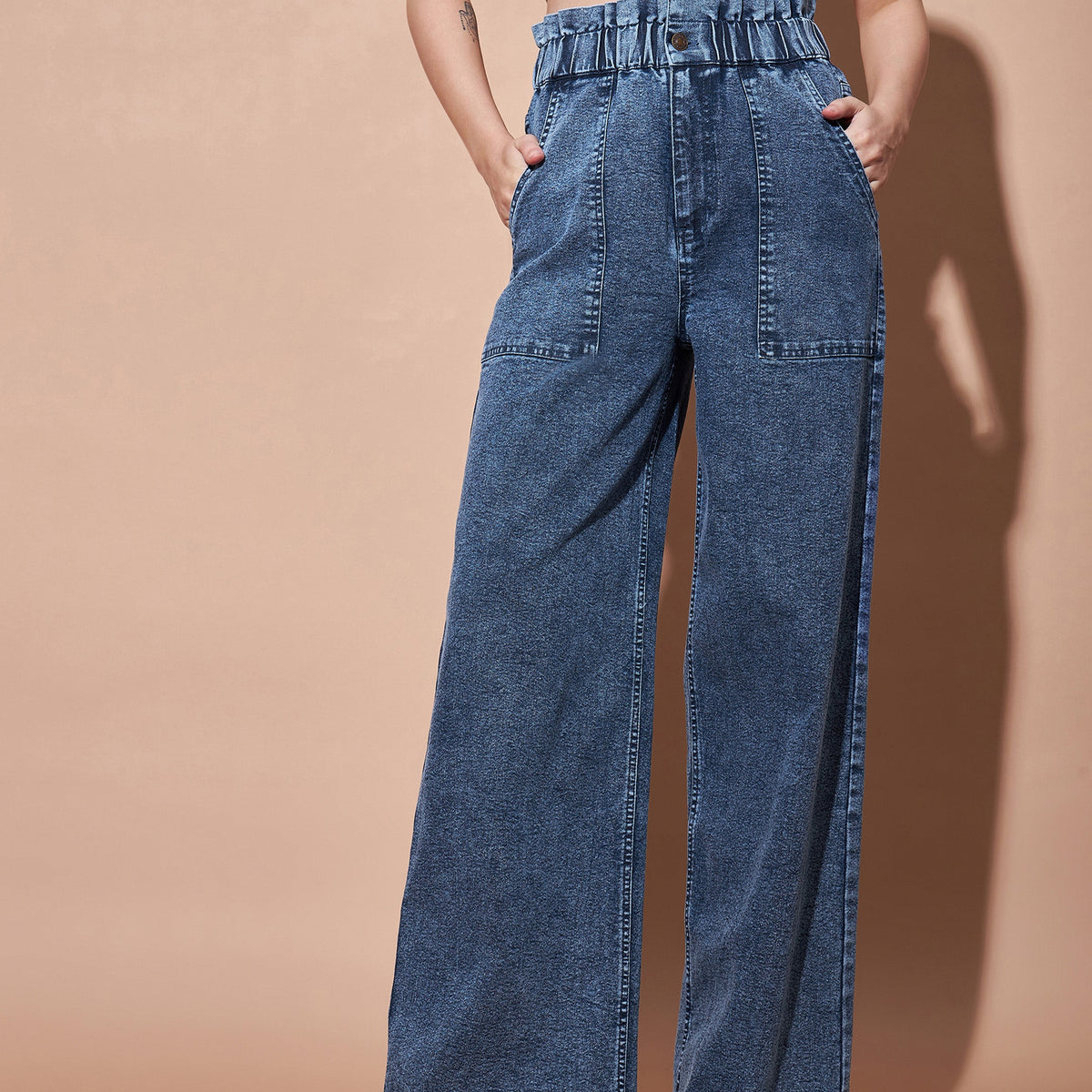 Buy Women Blue Paper Bag Waist Straight Jeans Online at Best Price