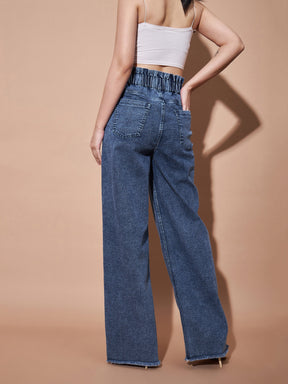 Blue Paper Bag Waist Straight Jeans-SASSAFRAS BASICS