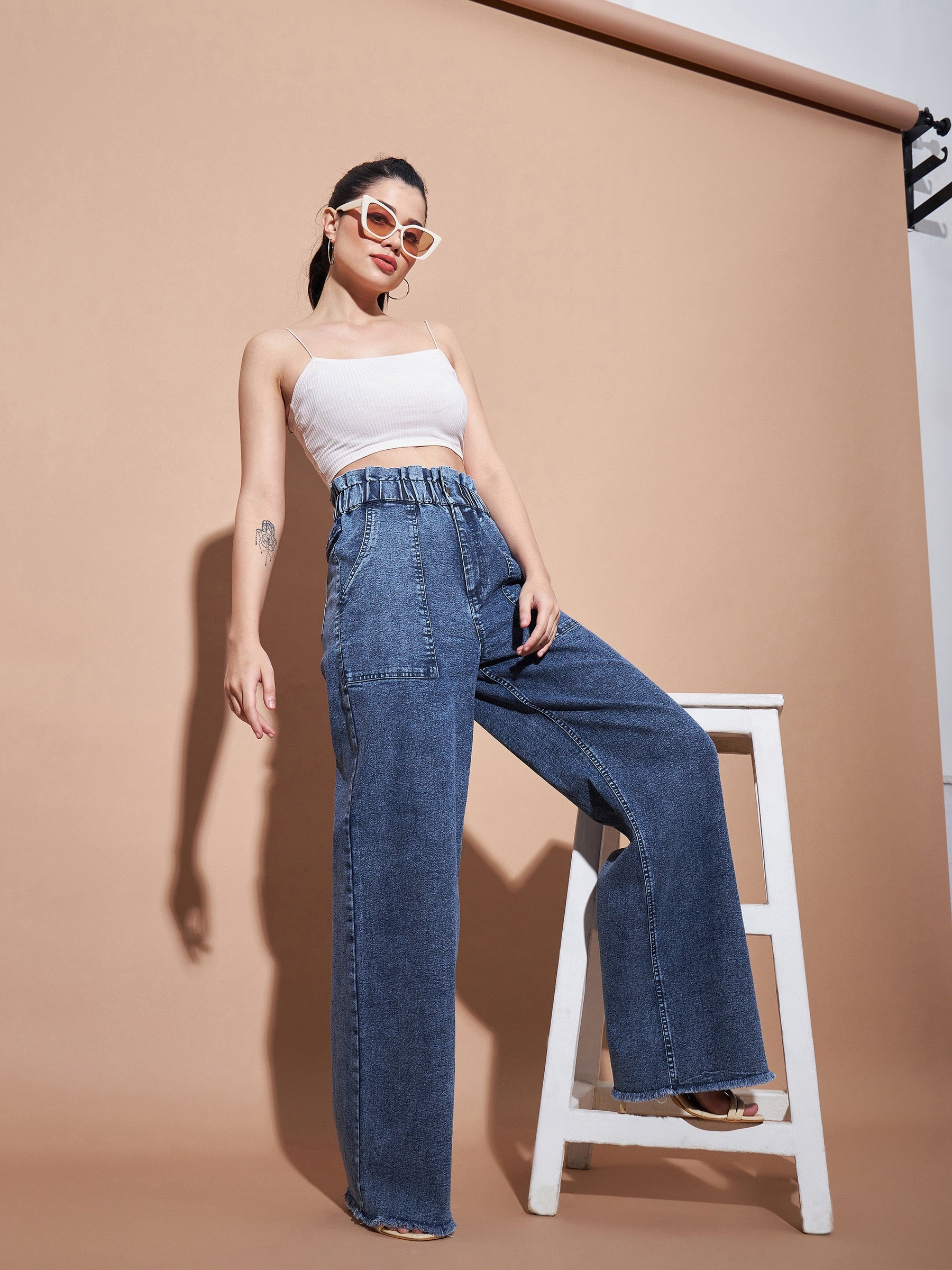 Blue Paper Bag Waist Straight Jeans-SASSAFRAS BASICS