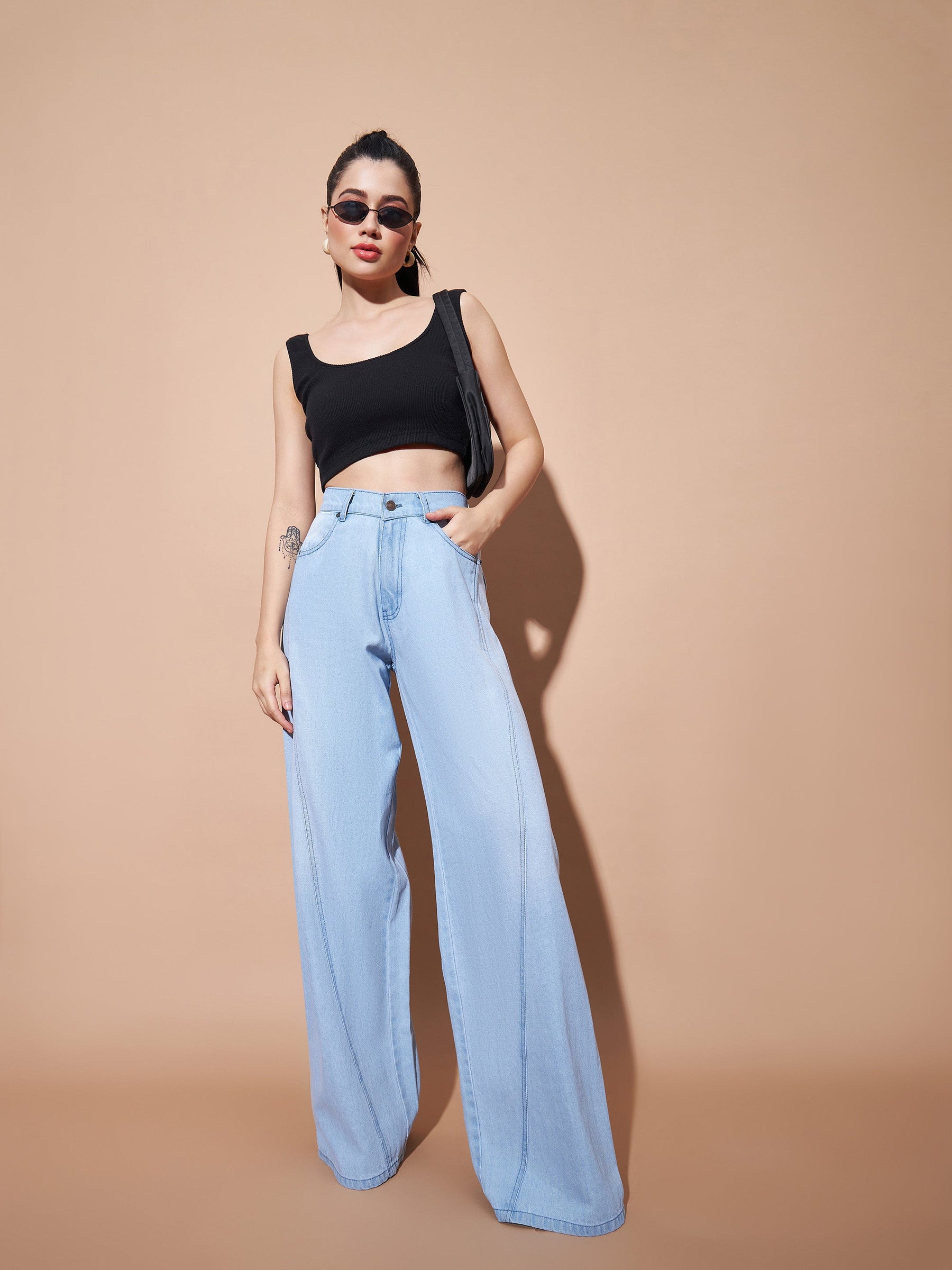 Women Ice Blue Seam Detail Wide Leg Jeans - Main Image