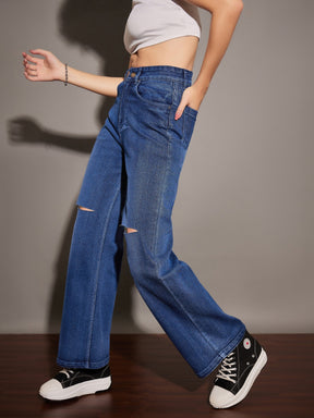 Classic Blue Knee Slit Straight Jeans-SASSAFRAS