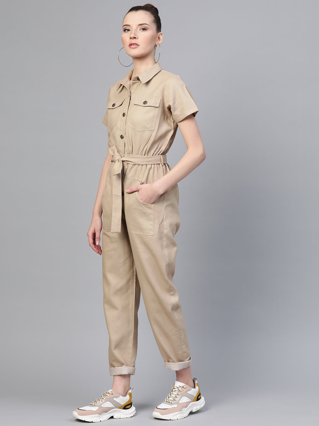 Beige Belted Twill Tapered Jumpsuit