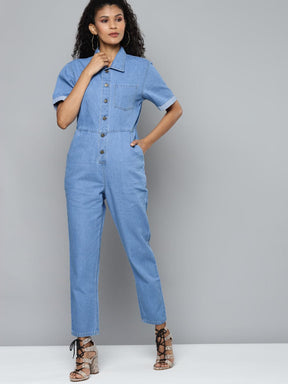 Blue Denim Belted Jumpsuit-Jumpsuits-SASSAFRAS