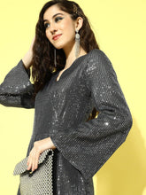 Grey Sequin Bell Sleeve Playsuit-Romper-SASSAFRAS