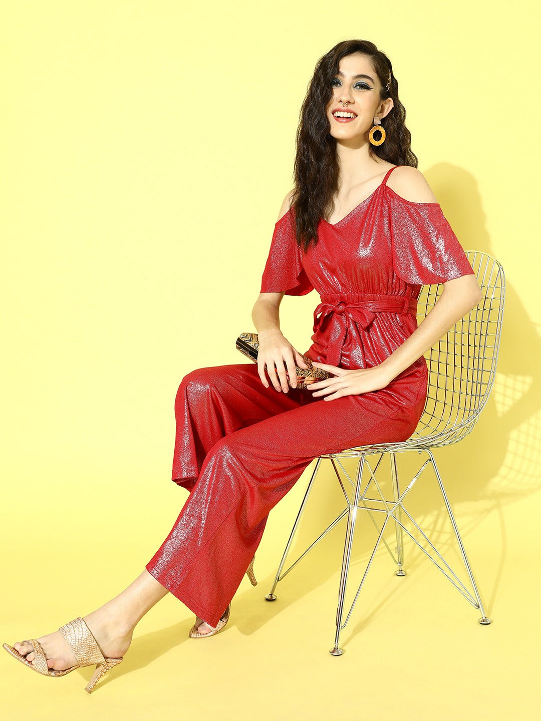 Red Metallic Cold Shoulder Strappy Jumpsuit