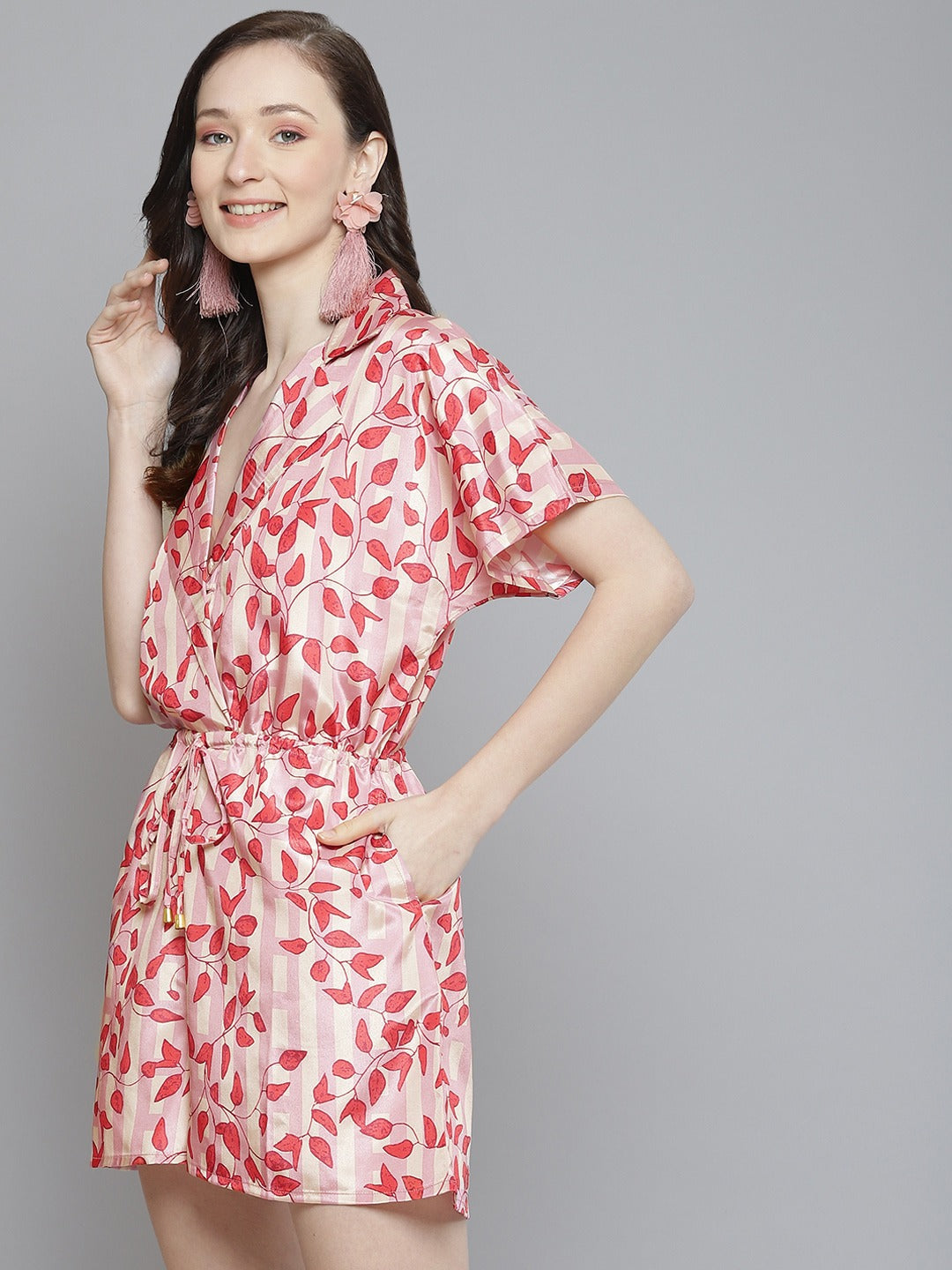 Women Pink & Red Leaf Print Notched Collar Romper
