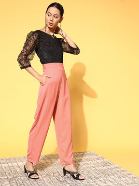 Women Pink & Black Lace Detail Jumpsuit