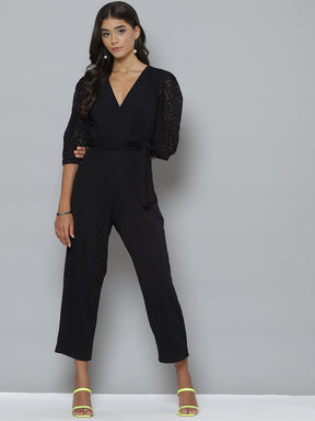 Women Black Schiffli Power Shoulder Jumpsuit
