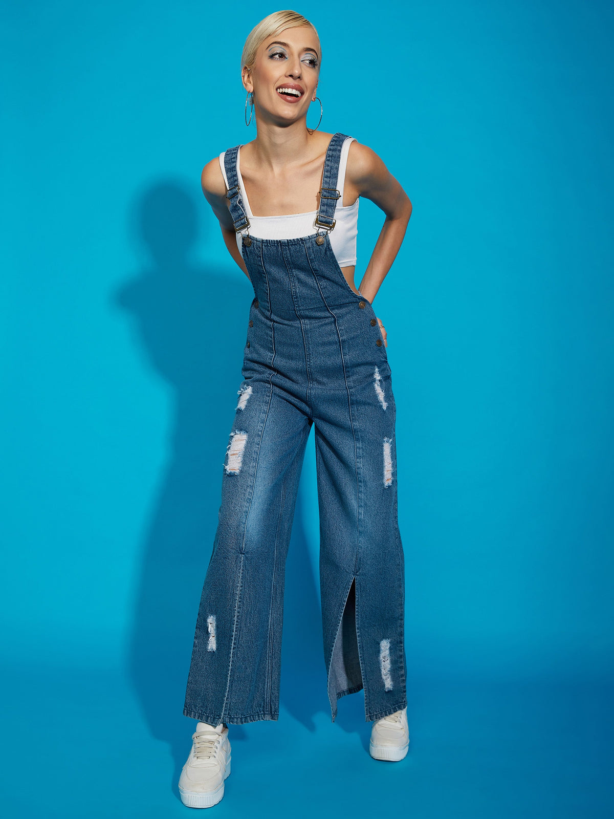 Blue Acid Wash Denim Distress Regular Jumpsuit-SASSAFRAS