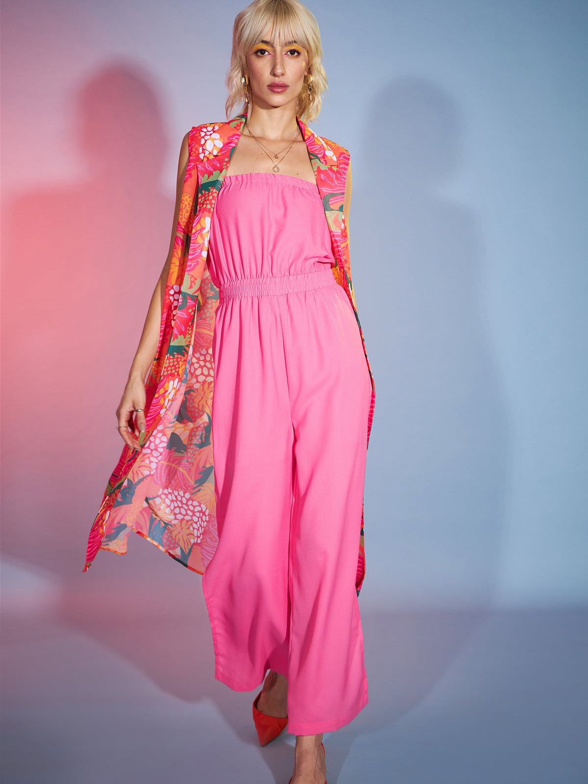 Pink Bardot Jumpsuit With Orange Floral Shrug-SASSAFRAS