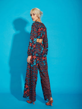 Navy Floral Twisted Waist Cut Out Jumpsuit-SASSAFRAS