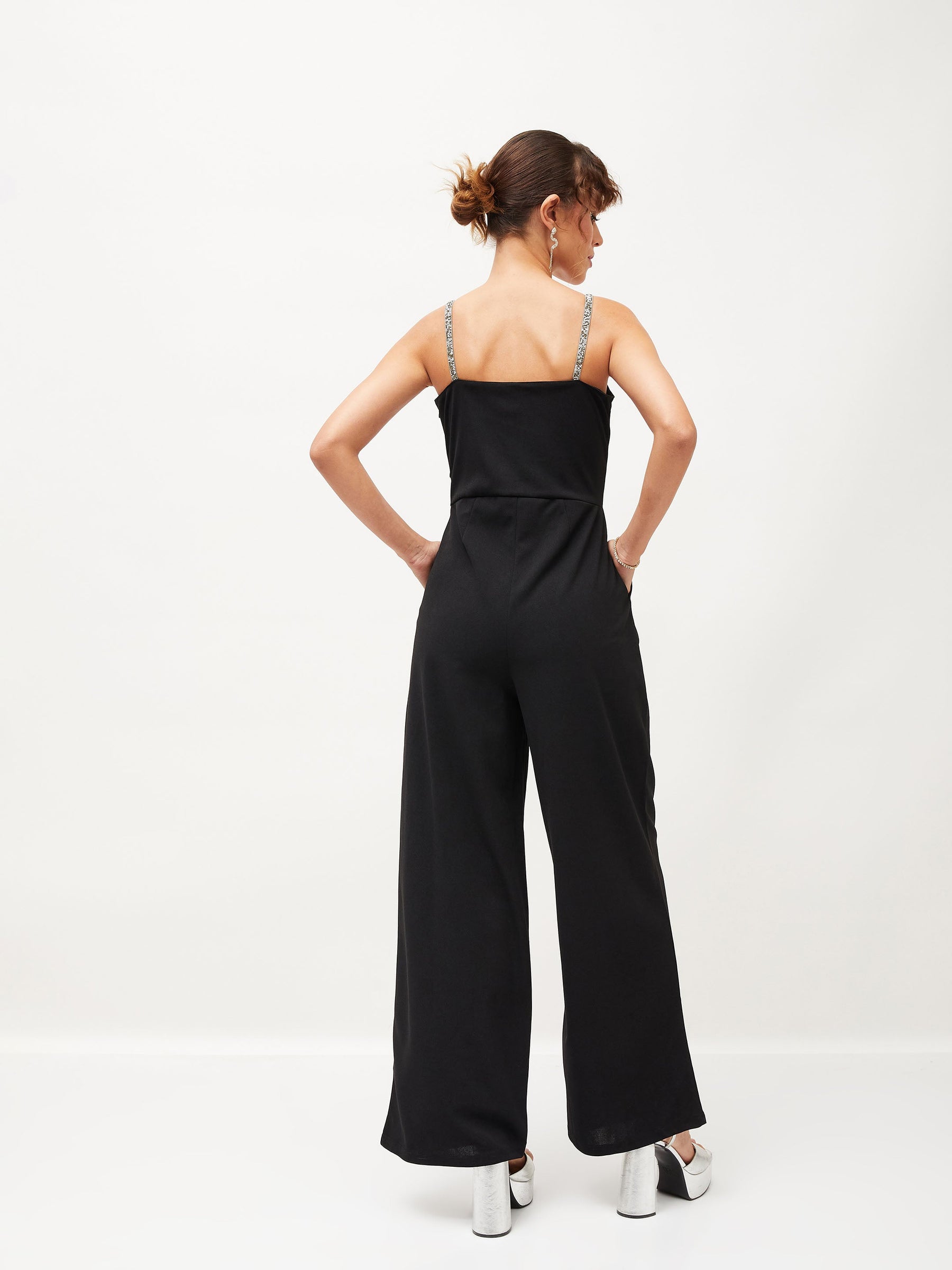 Black Diamante Strap Detail Jumpsuit-SASSAFRAS