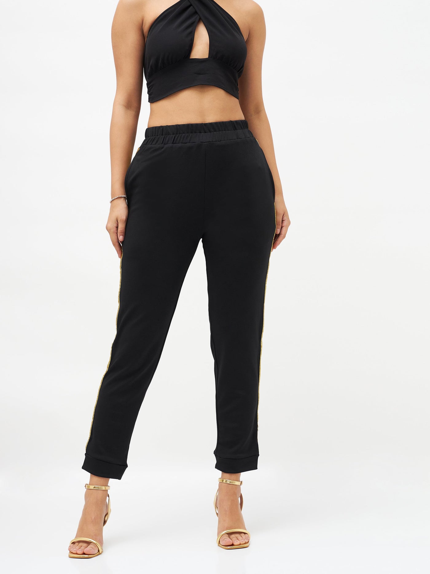 Black Side Tape Detail Jogger Pants-SASSAFRAS