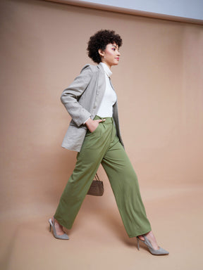 Women Olive Pleated Straight Stretchable Pants