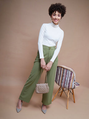 Women Olive Pleated Straight Stretchable Pants