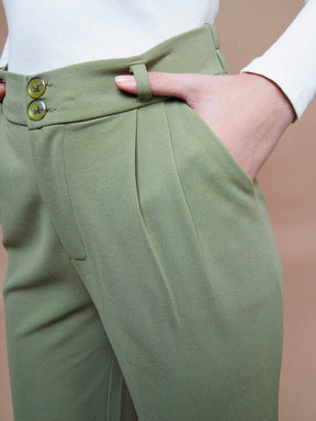 Women Olive Pleated Straight Stretchable Pants