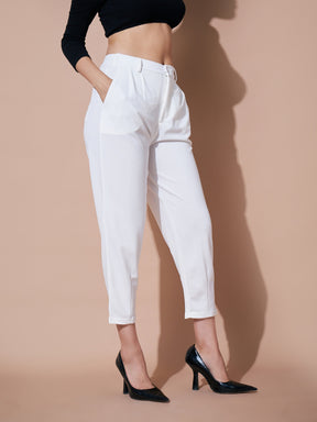 Women White Stretch Knit Tapered Pants