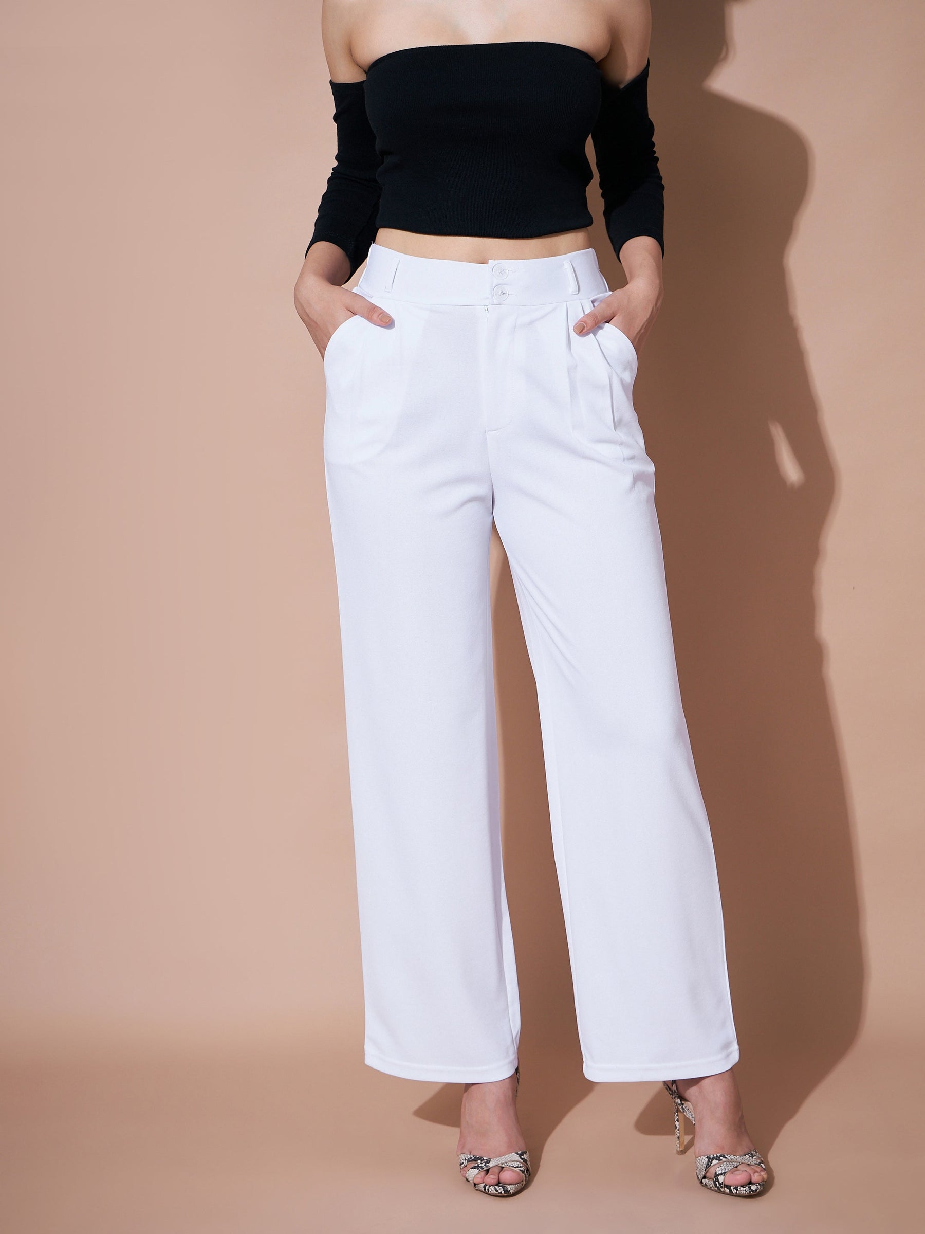 High Waisted Cream Wide Leg Palazzo Trousers White