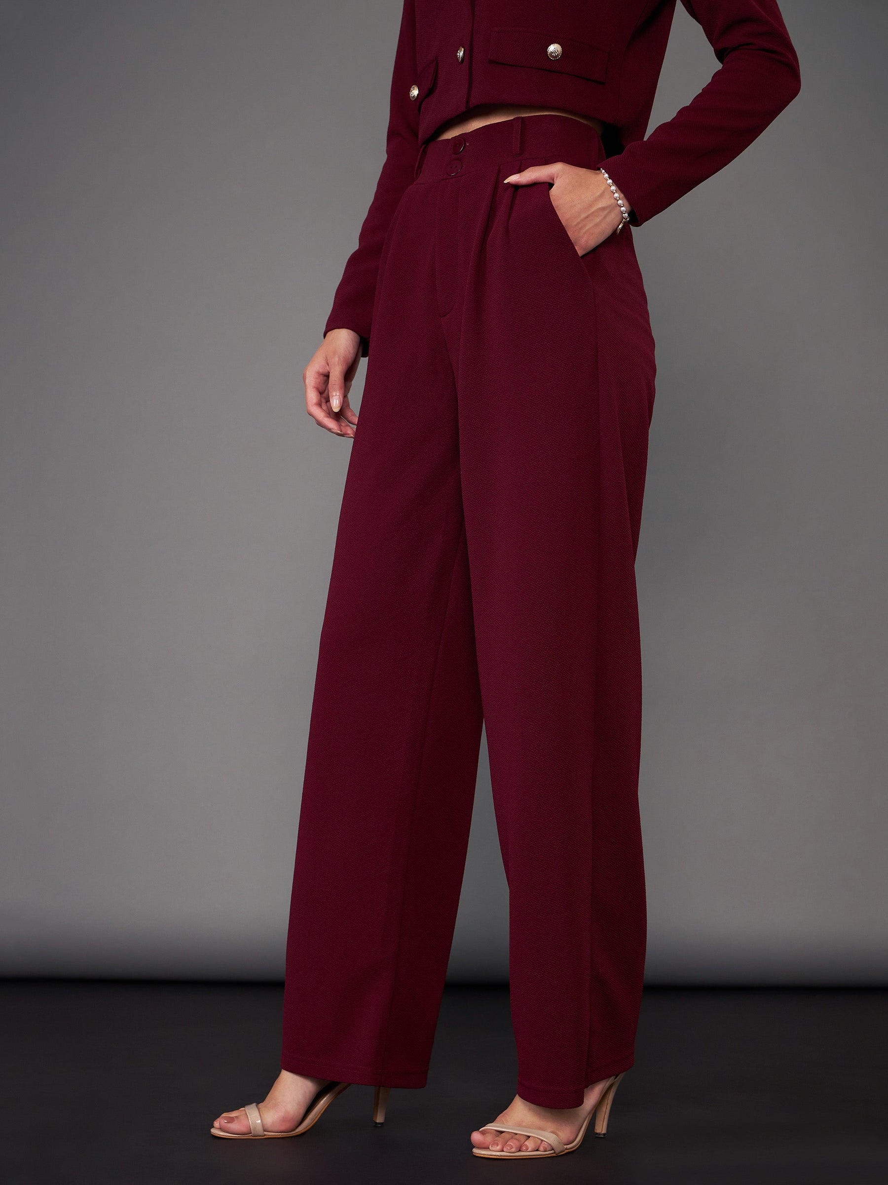 Burgundy Pleated Straight Pants-SASSAFRAS worklyf