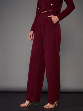 Burgundy Pleated Straight Pants-SASSAFRAS worklyf