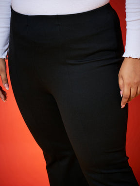 Black Front Slit Hem Bell Bottom Trousers-SASSAFRAS Curve