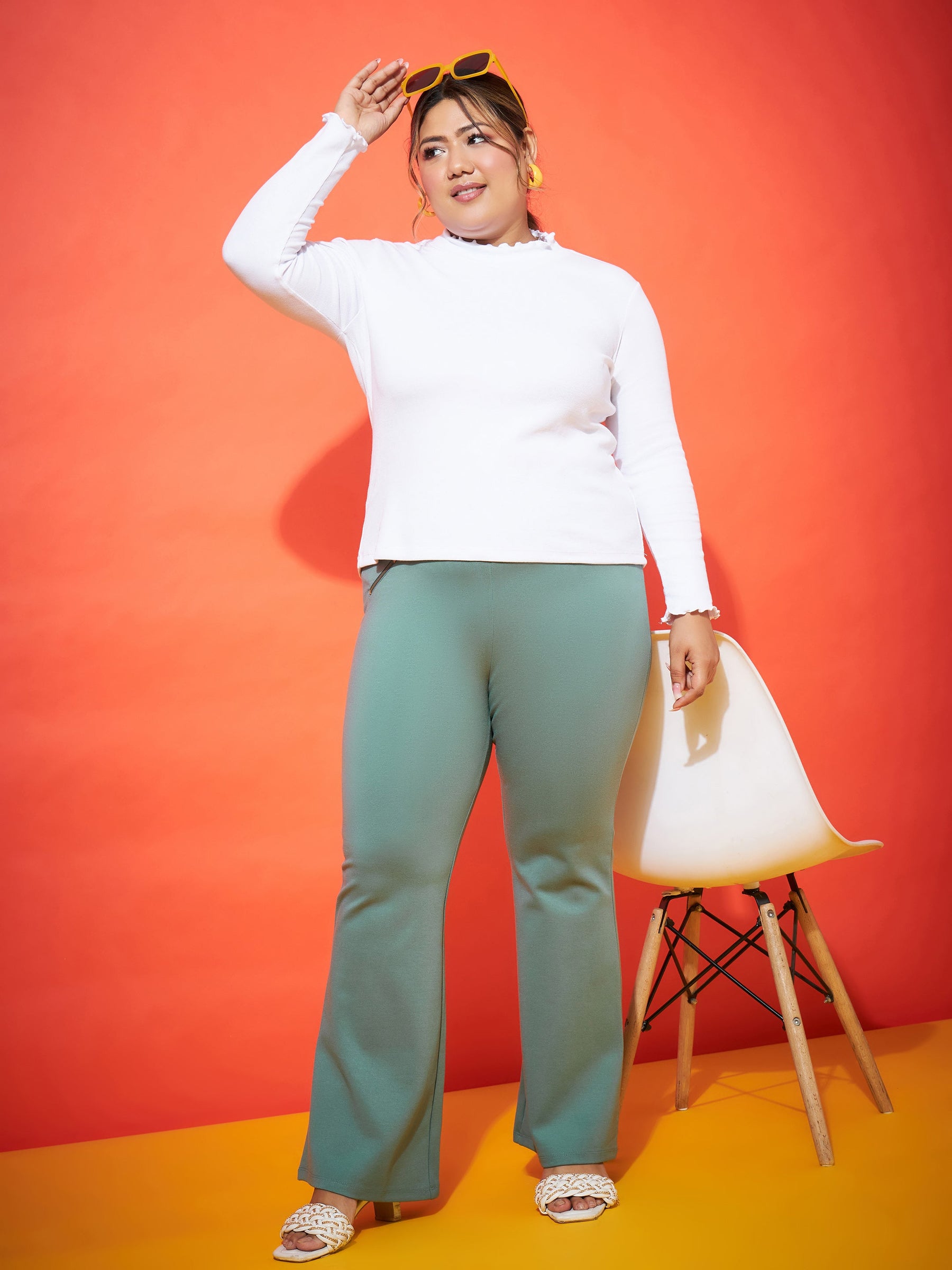 Sea Green Zipper Bell Bottom Trousers-SASSAFRAS Curve