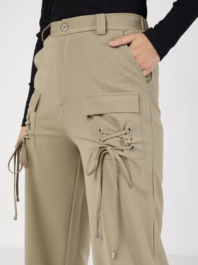 Beige Cris Cross Pocket Detail Cargo Pants-SASSAFRAS