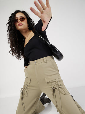 Beige Cris Cross Pocket Detail Cargo Pants-SASSAFRAS