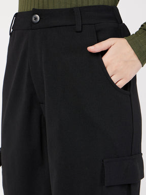 Black Multi Pocket Detail Cargo Pants-SASSAFRAS