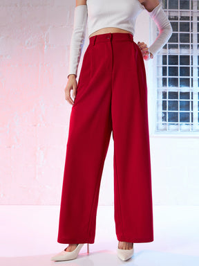 Red Korean Pleated Loose Fit Pants -SASSAFRAS