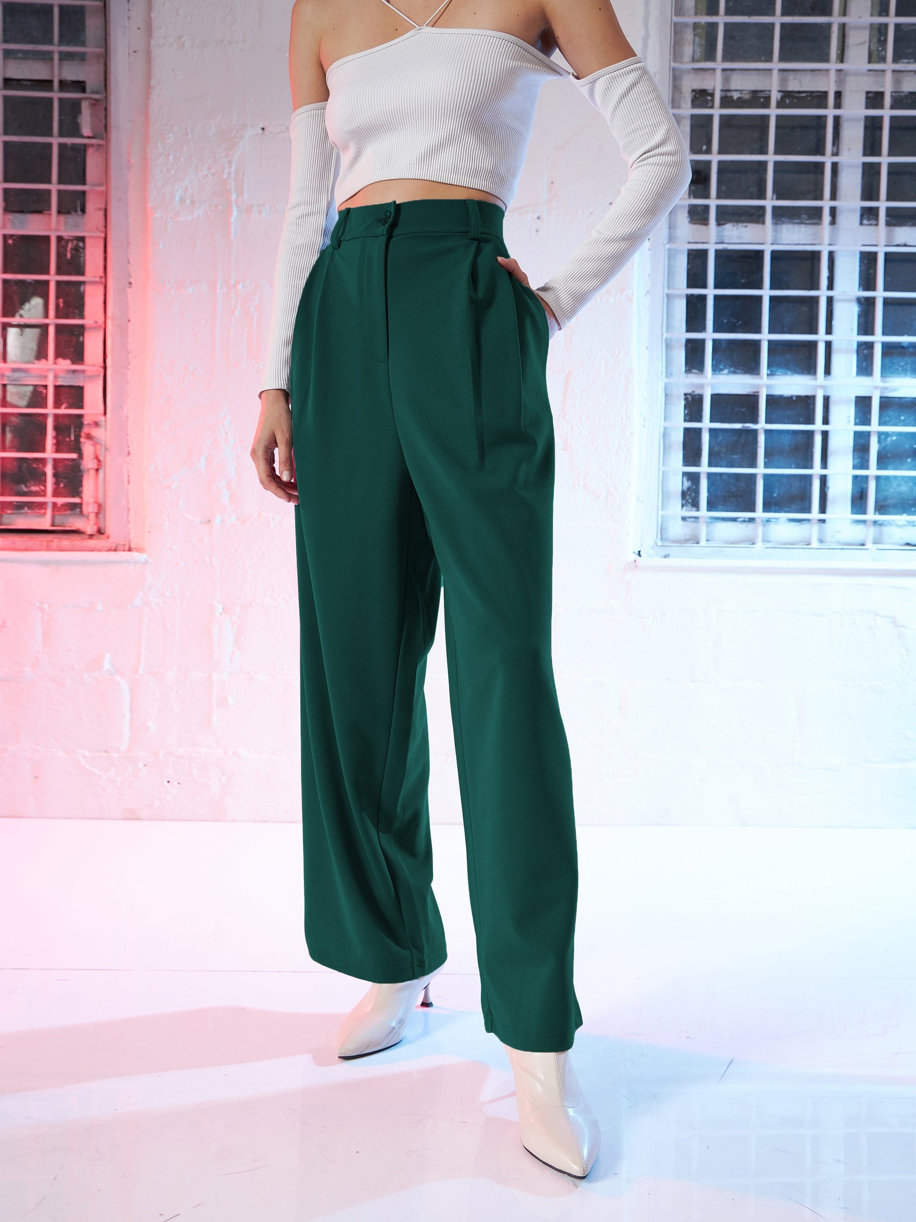 Women Emerald Green Korean Pleated Loose Fit Pants