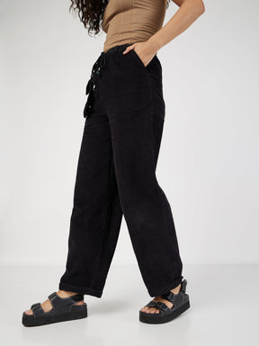 Black Corduroy Pouch Pocket Drawstring Pants-SASSAFRAS